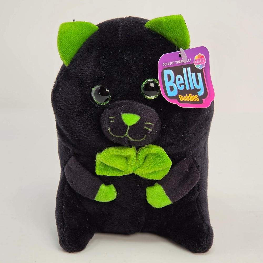 Nanco Belly Buddies Black Cat Plush 5" Green Bow Tie Glitter Eyes with Tags